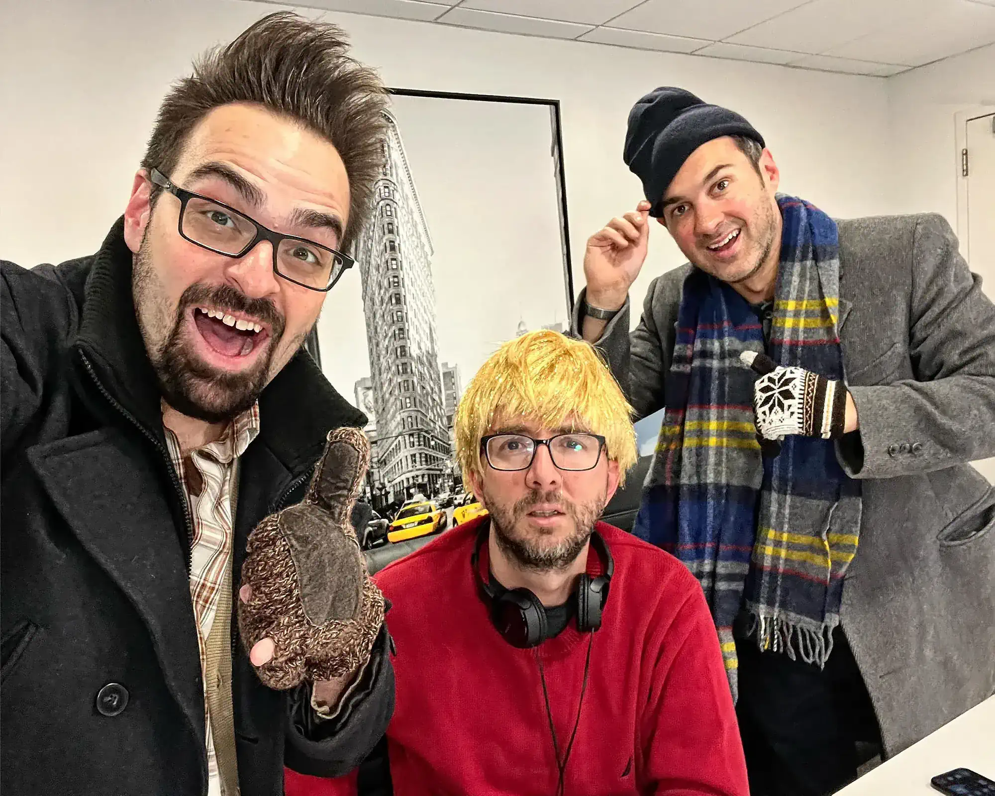 Chuck Staton, Mark Normand, and Joe in a Wig | Mark Normand and Joe List | Tuesdays with Stories Comedians Mark Normand and Joe List of Tuesdays with Stories with producer Chuck Staton, taking a selfie, with Joe in a wig. Find Mark Normand Tour Dates and Joe List Tour Dates at www.tuesdayspod.com/find-a-show