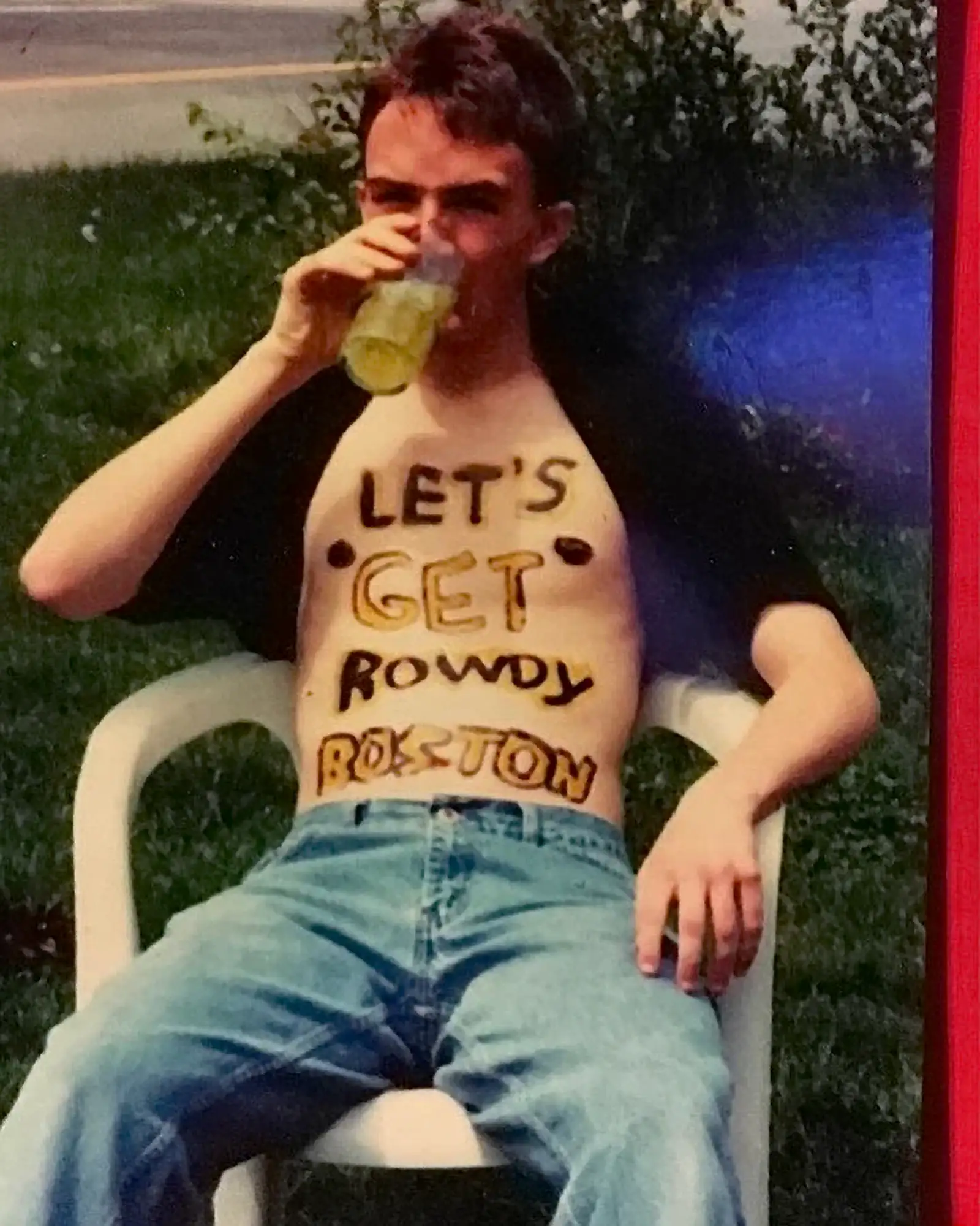 Shritless with Painted Chest while Drinking a Beer | Joe List | Tuesdays with Stories Comedian Joe List of Tuesdays with Stories drining a beer while shirtless with his chest painted. Find more about Joe at www.tuesdayspod.com/joe-list