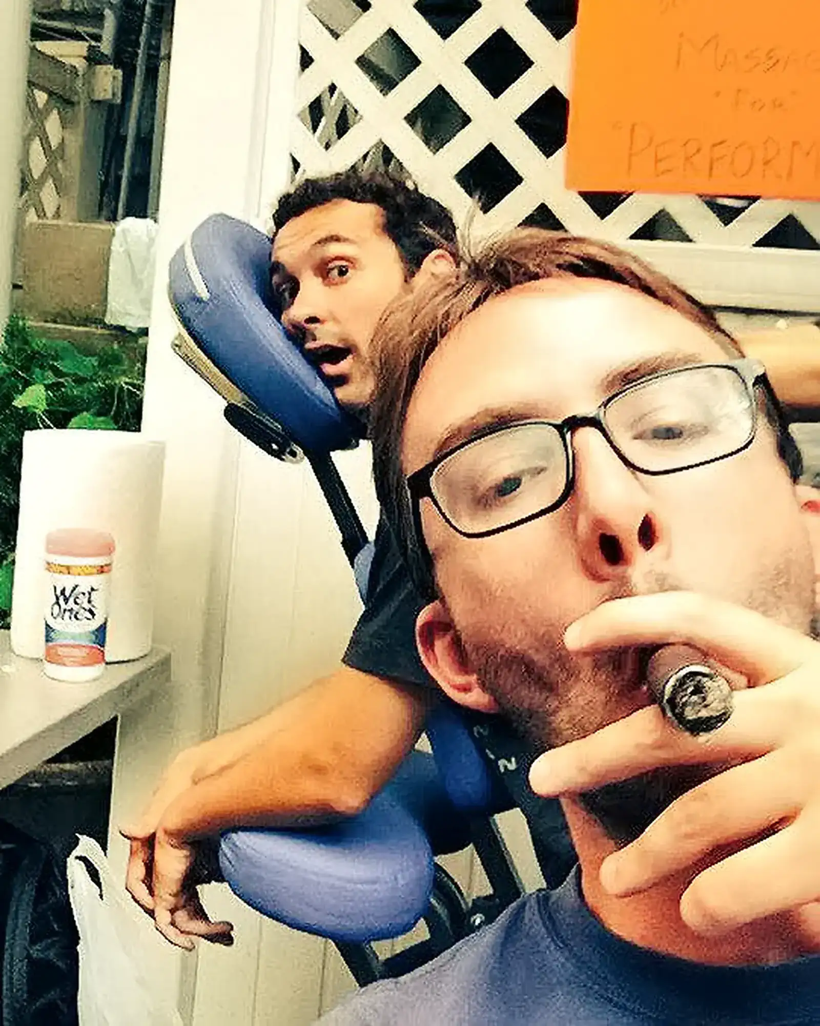 Joe Smoking a Cigar while Mark Gets a Massage | Mark Normand and Joe List | Tuesdays with Stories Comedian Joe List smoking a cigar with comedian Mark Normand, hosts of Tuesdays with Stories. Find Mark Normand Tour Dates and Joe List Tour Dates at www.tuesdayspod.com/find-a-show