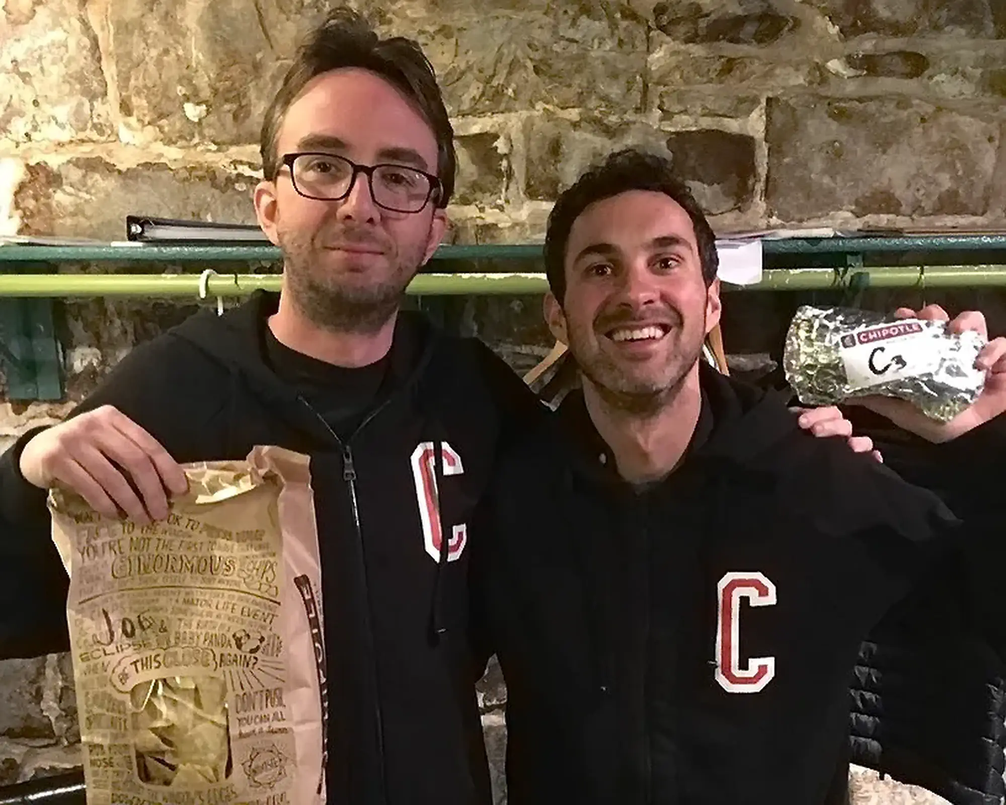 Holding Chipotle Chips and Burritos in Chipotle Sweatshirts | Mark Normand and Joe List | Tuesdays with Stories Comedians Mark Normand and Joe List of Tuesdays with Stories after getting Chipotle chips and burritos. Find Mark Normand Tour Dates and Joe List Tour Dates at www.tuesdayspod.com/find-a-show