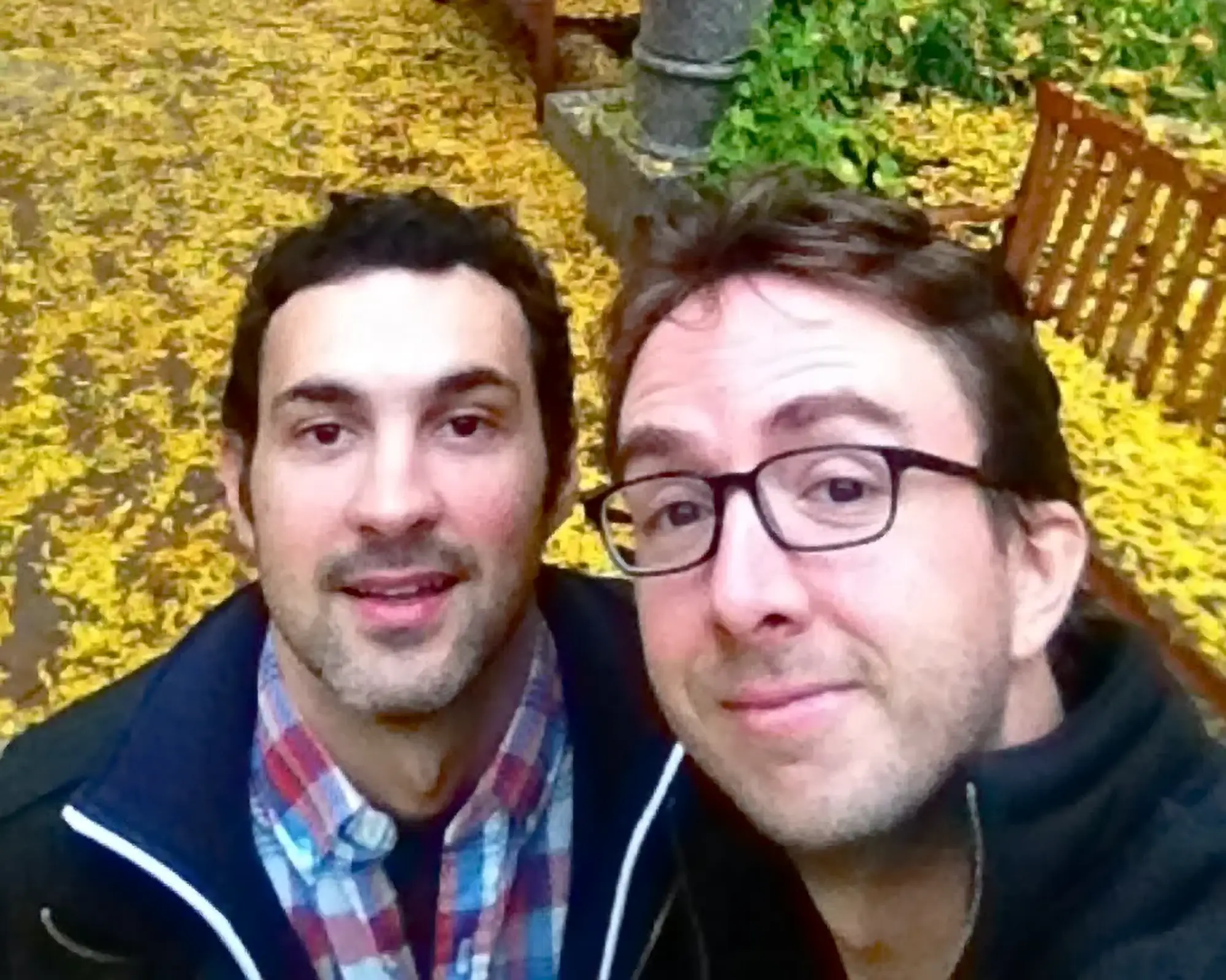 Selfie in the Fall with Fallen Yellow Leaves | Mark Normand and Joe List | Tuesdays with Stories Comedians Mark Normand and Joe List of Tuesdays with Stories taking a selfie in the fall after the yellow leaves have fallen. Find Mark Normand Tour Dates and Joe List Tour Dates at www.tuesdayspod.com/find-a-show