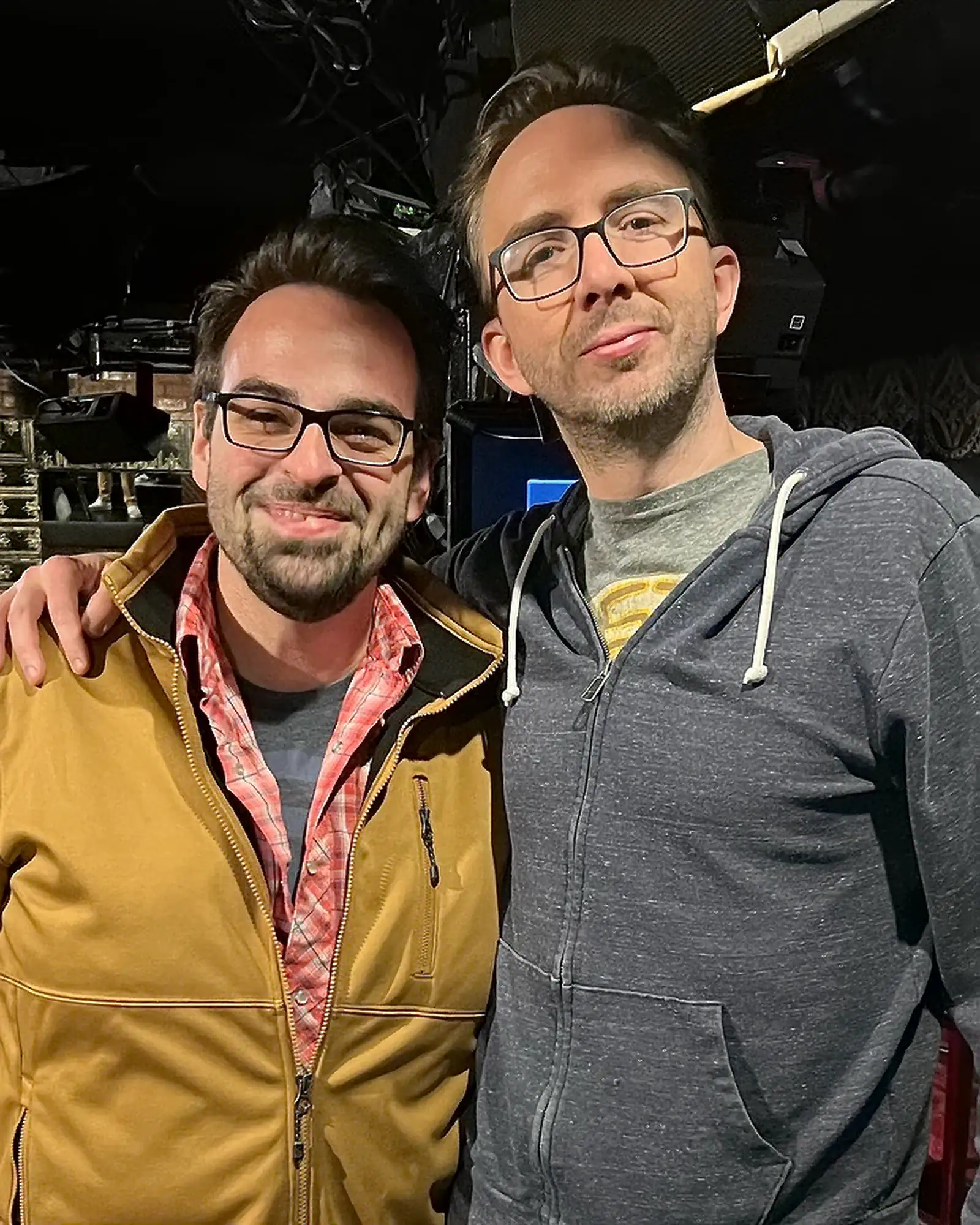 Chuck Staton at a Comedy Club with Joe | Joe List | Tuesdays with Stories Podcast producer Chuck Staton at a comedy club with comedian Joe List of Tuesdays with Stories. Find more Tuesdays with Stories photos at www.tuesdayspod.com/photos
