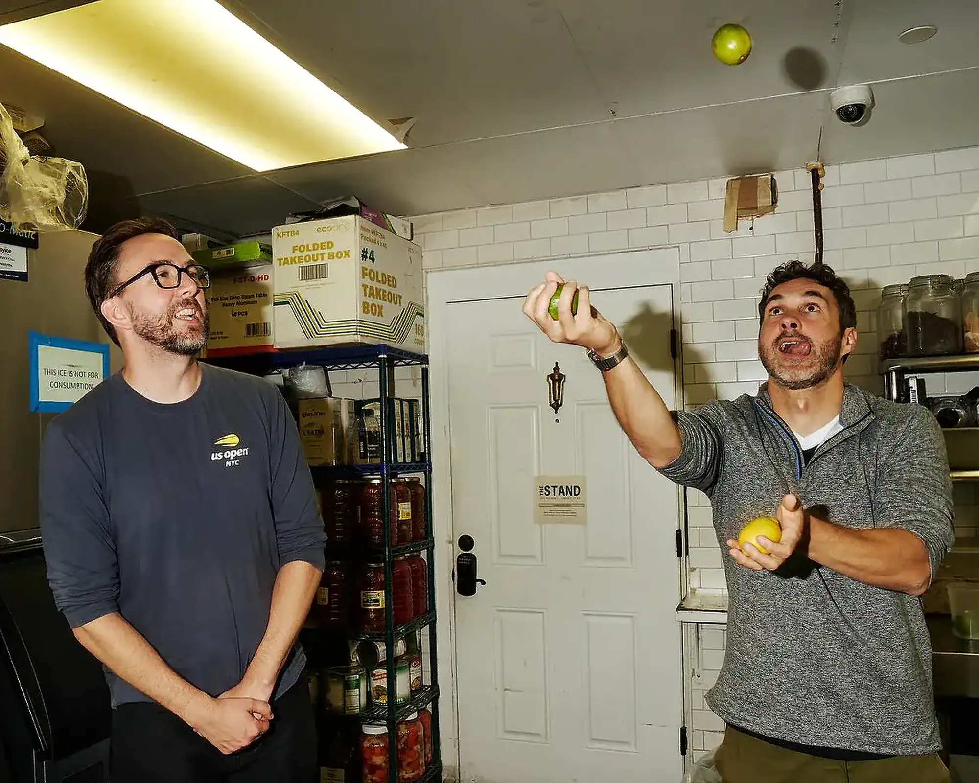 Mark Juggling Lemons with Joe | Mark Normand and Joe List | Tuesdays with Stories Comedians Mark Normand and Joe List of Tuesdays with Stories, with Mark juggling lemons and limes. Find more Tuesdays with Stories photos at www.tuesdayspod.com/photos